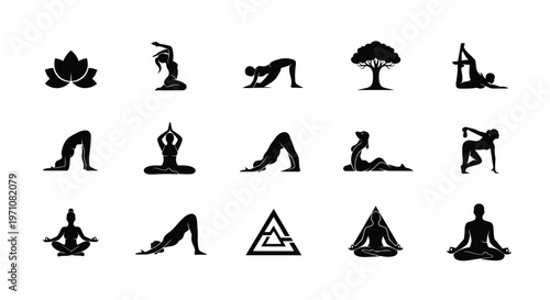 Collection of black silhouette icons depicting yoga poses meditation symbols and trees for mindfulness and wellness