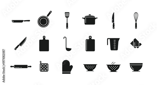Black and white icons of kitchen utensils and tools arranged in a grid layout including pots pans knives spatula whisk and more for culinary and cooking themes