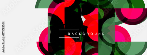 Abstract geometric shapes overlap. Red, green, pink hues dominate composition. Minimalist design with text element background.