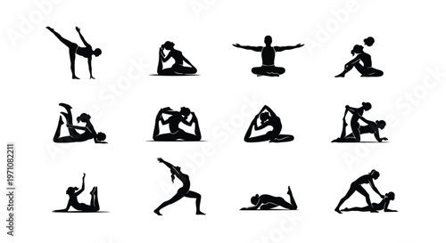 Silhouettes of people performing various yoga poses and stretches for fitness and flexibility