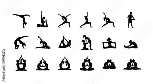 Silhouettes of people performing various yoga poses and exercises in minimalist black and white style