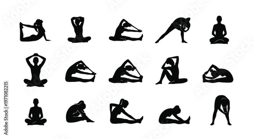 Silhouettes of people performing various yoga and stretching poses in minimalist black and white style