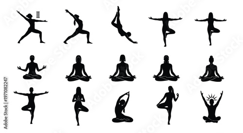 Silhouettes of people performing various yoga poses and meditation exercises in minimalist black and white illustrations