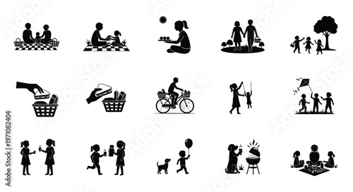 Minimalist black and white icons of people engaging in various outdoor activities including picnics gardening cycling and family gatherings depicted in a playful modern silhouette