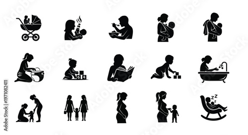 Silhouette icons of parenting and family activities including baby stroller feeding bathing reading and playing with children