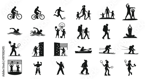 Black silhouettes of people engaging in various outdoor and indoor activities including cycling swimming running hiking tennis and more