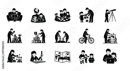 Black and white icons depicting diverse activities and hobbies including family moments fitness travel cycling photography and relaxation