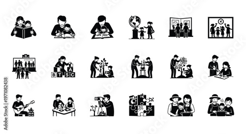 Black and white icon set of people in various professional and social scenarios including meetings presentations teamwork and collaboration with minimalist design
