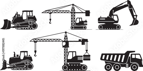 construction vehicles bulldozer excavator crane dump truck silhouette set black vector