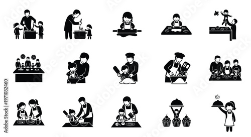 Silhouette icons of people in various everyday activities including family time work exercise and relaxation depicted in a minimalist black and white style
