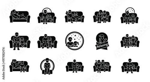 Collection of black and white icons depicting families in various settings with symbolic elements for togetherness and unity