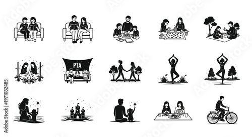 Black and white minimalist illustrations of people in various activities including sitting walking cycling yoga and family gatherings depicted in a clean modern style