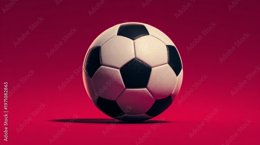 Naklejka premium Classic black and white soccer ball positioned on a vibrant red background, showcasing its distinct pentagonal and hexagonal panel design and textured surface