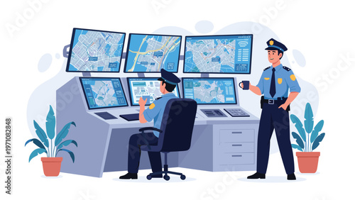 Police officers monitoring city traffic and security on multiple screens in a modern surveillance control room while drinking coffee.