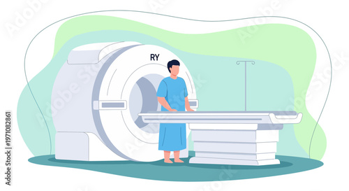 Patient in MRI scanner room, medical imaging technology, healthcare diagnostics