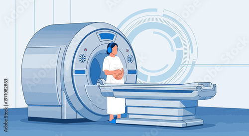 Patient in MRI Scanner Room with Headphones, Medical Technology