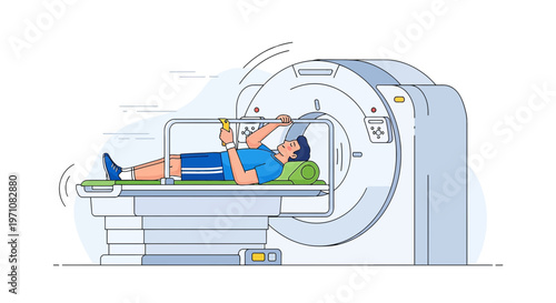 Patient in MRI scanner using smartphone, medical technology, healthcare, diagnostic imaging