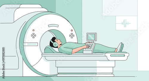 Patient in MRI scanner with headphones, medical imaging technology, healthcare concept.