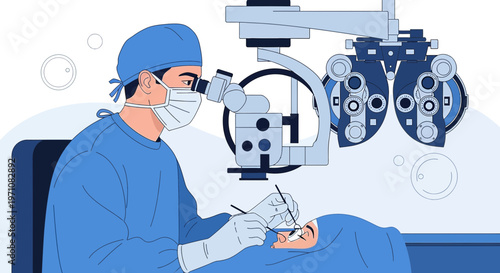 Ophthalmologist performing eye surgery with surgical microscope and instruments
