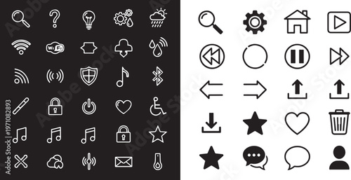 A comprehensive set of outline and solid vector icons in black and white. Features multimedia, navigation, and web symbols like play, heart, star, gear, search, and music notes for interface design.