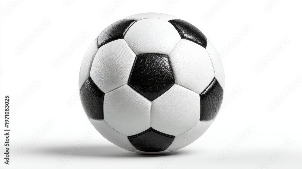Naklejka premium Classic black and white soccer ball positioned on a clean white background, showcasing its traditional hexagonal and pentagonal panel design and textured surface