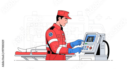 Paramedic operating medical scanner next to patient on stretcher, ambulance background