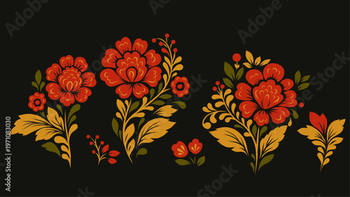 Vector set of national decorative floral clip arts. Collection of Slavic tracery red flowers isolated from background