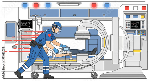 Paramedic Performs C-Arm X-ray on Patient in Ambulance for Mobile Medical Imaging