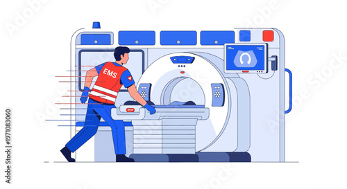 Paramedic Rushing Patient to CT Scan Machine for Emergency Medical Imaging