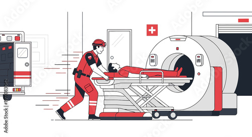 Paramedic Transporting Patient to CT Scanner in Hospital Emergency Room