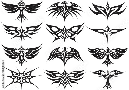 Set of Abstract Phoenix and Winged Bird Vector Emblems in Neo Tribal Y2K Style for Streetwear Branding, Modern Tattoo Designs, and Edgy Apparel Graphic Illustrations