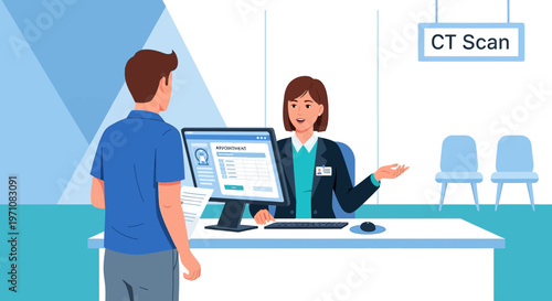 Patient at CT Scan reception desk, medical check-up, healthcare consultation