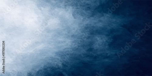 A dark blue abstract sky background featuring bright white clouds and a textured nature backdrop with light storm smoke over a deep night ocean