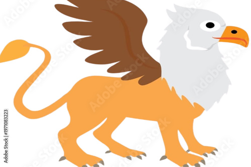 Mythical Griffin Illustration: A majestic griffin stands proudly, a creature of legend with the body of a lion and the head and wings of an eagle, representing power and valor.