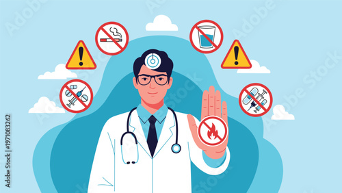 Male doctor in a white coat making a stop gesture with his hand surrounded by various medical and health-related warning icons.