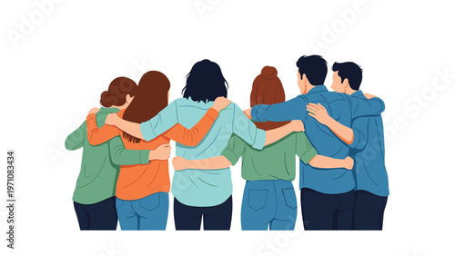 Group of diverse friends standing together with their arms around each other's shoulders, viewed from behind to show unity.