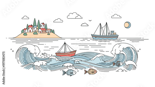 Scenic illustration of a coastal town on a small island with fishing boats sailing on wavy blue waters under a daytime sky.