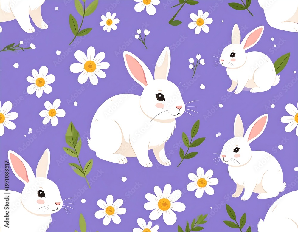 Fototapeta premium Adorable White Bunnies and Daisies on a Purple Background.