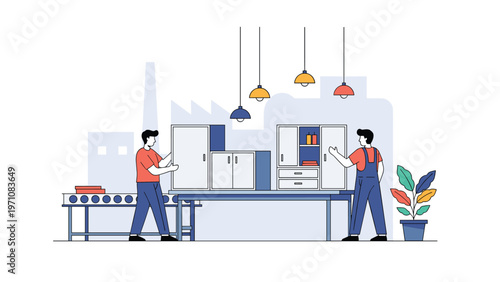 Factory workers assembling cabinets and furniture in a production facility with conveyors and industrial lighting overhead.