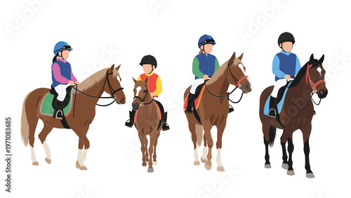 Row of four children riding horses of different colors while wearing protective helmets and professional equestrian gear.