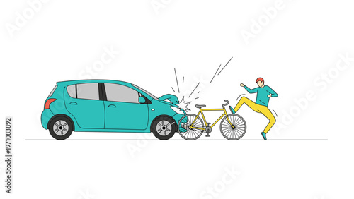 Scene of a car accident where a blue car has collided with a yellow bicycle, showing the impact and a person reacting nearby.