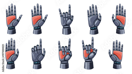 Set of robotic hand gestures showing different positions such as a pointing finger, a rock-on sign, and an open palm.