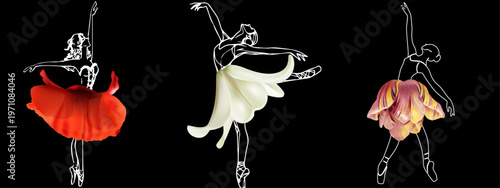 Silhouettes of dancing ballerinas in flower skirts on a black background, set.eps