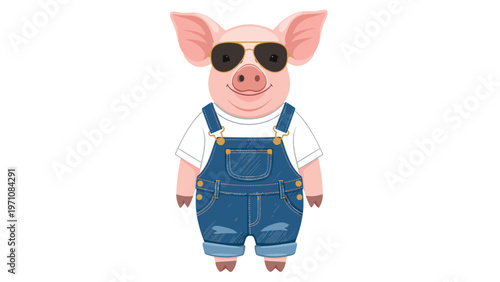 Cute pink pig character wearing stylish black aviator sunglasses and denim overalls standing on white background.