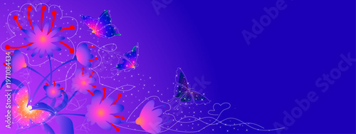 Bright neon fantasy flowers with bright shiny butterflies on a blue background. Close-up, long. Design element