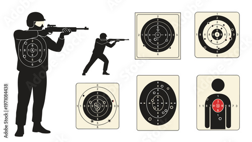Soldier aiming rifle and silhouettes with various paper shooting targets showing bullet holes and scoring rings on white.