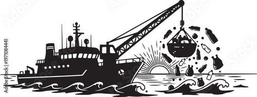 Black silhouette of a ship with crane lifting debris