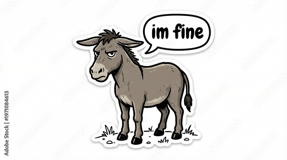 Fototapeta premium Donkey standing on grass with text bubble saying 