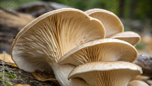 Detailed oyster mushroom gills texture in soft beige tones natural fungi macro photography background