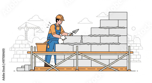 Construction Worker on Scaffolding Building Masonry Wall Illustration